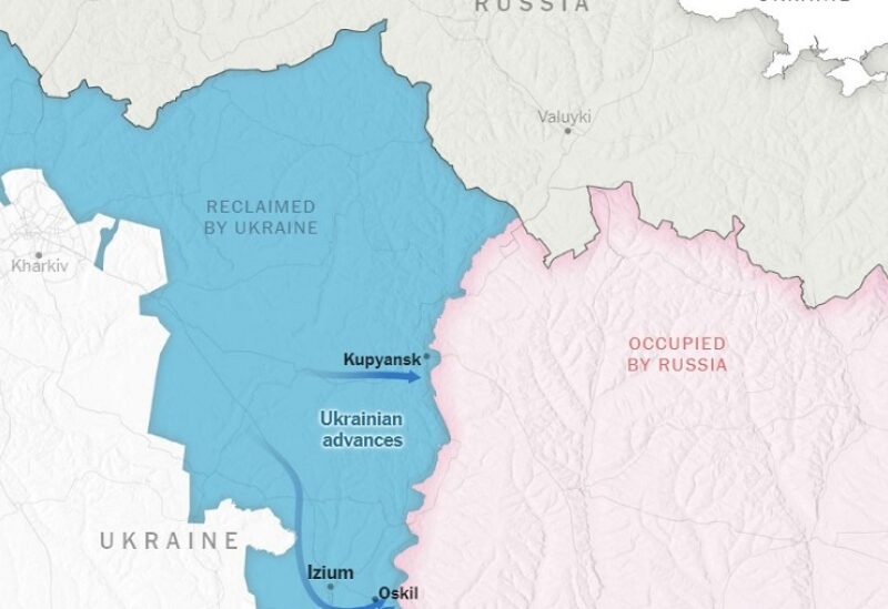 خريطة تظهر المناطق الاتي استعادتها أوكرانيا بالأزرق (نيويورك تايمز)