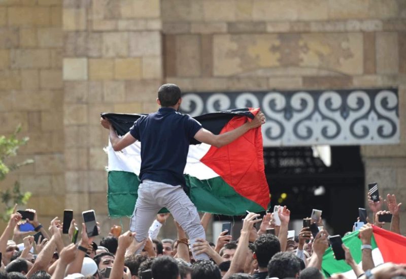شاب يرفع علم فلسطين