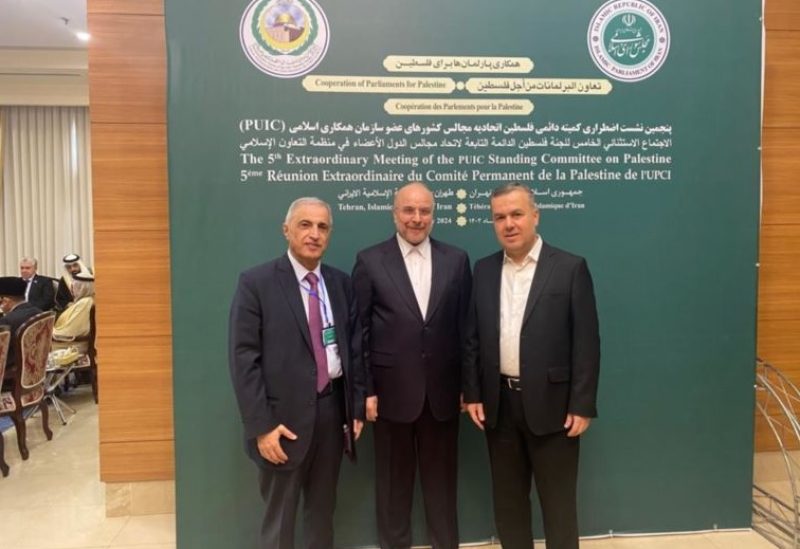 النائبان قاسم هاشم وحسن فضل الله ورئيس مجلس الشورى الإيراني محمد باقر قاليباف