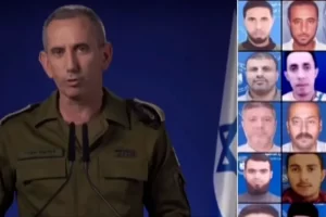 المتحدث باسم الجيش الإسرائيلي عرض صورا لفلسطينيين وادعى أنهم اعتقلوا داخل مجمع الشفاء بغزة (الجزيرة)