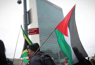 رفع علم فلسطين خلال تظاهرة أمام مقر الأمم المتحدة في نيويورك