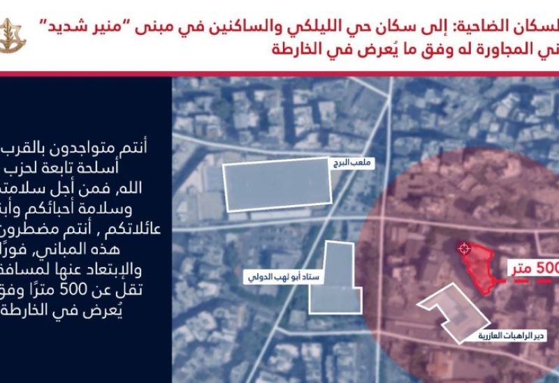 اسرائيل تطلب من سكان بعض احياء الضاحية الجنوبية مغادرتها فوراً و الابتعاد عنها