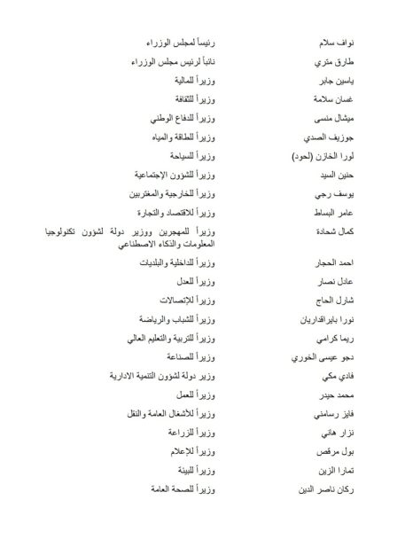 أسماء الوزراء في الحكومة الجديدة
