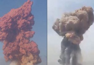الدخان المتصاعد جراء انفجار ميناء رجائي في بندر عباس في ايران (الصورة على اليمين) والدخان المتصاعد جراء انفجار مرفأ بيروت في الرابع من آب 2020 (الصورة على اليسار)