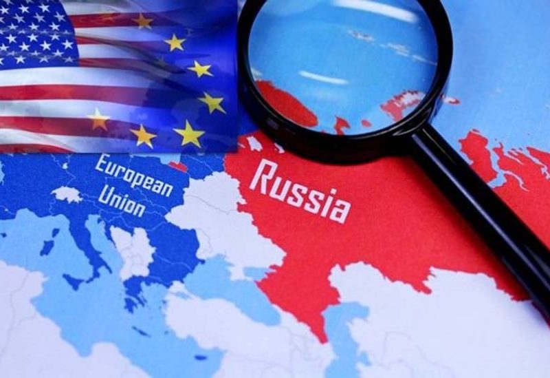 علم روسيا وأوكرانيا والاتحاد الأوروبي وأمريكا