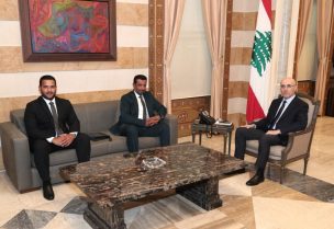 وزير الداخلية والبلديات أحمد الحجار يستقبل رئيس مكتب الأمن الجنائي في سفارة الكويت العقيد ناصر الديحاني، يرافقه الرائد فهد شنيبر