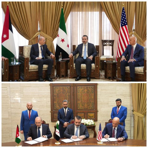 وزير الخارجية السوري أسعد الشيباني في مؤتمر صحفي مع نظيره الأردني أيمن الصفدي والمبعوث الأمريكي توم باراك خلال صياغة خارطة طريق لحل أزمة السويداء
