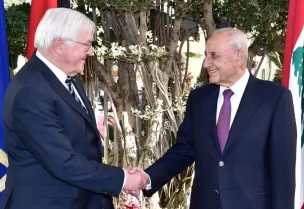 رئيس مجلس النواب نبيه بري في مقر الرئاسة الثانية في عين التينة رئيس جمهورية ألمانيا الاتحادية فرانك فالتر شتاينماير والوفد المرافق، بحضور السفير الألماني لدى لبنان كورت جورج شتوكل وسفيرة لبنان لدى ألمانيا عبير علي والمستشار الإعلامي علي حمدان.