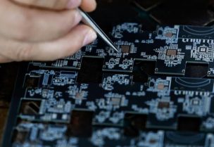 موظف يعمل على ضبط رقائق دقيقة ومكونات إلكترونية على لوحة دوائر مطبوعة في مصنع بمقاطعة قوانغدونغ بالصين