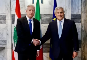 وزير الخارجية والمغتربين يوسف رجي في إطار زيارته الرسمية لإيطاليا والفاتيكان، نائب رئيس الوزراء وزير الخارجية الإيطالي أنطونيو تاياني، في حضور سفيرة لبنان كارلا جزار.