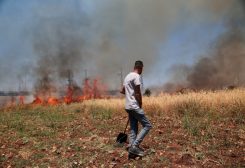 يسارع الفلسطينيون لإخماد حريق شب في حقل أشعله مستوطنون إسرائيليون، في بلدة حوارة بالقرب من نابلس، في الضفة الغربية. رويترز