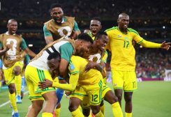 ثابيلو ماسيكو لاعب جنوب أفريقيا يحتفل بتسجيل الهدف الأول مع زملائه أمام كوريا الجنوبية بكأس العالم لكرة القدم