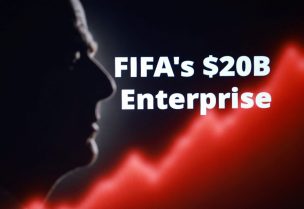 جياني إنفانتينو، رئيس الاتحاد الدولي لكرة القدم (الفيفا)، مع عبارة "فيفا إنتربرايز بقيمة 20 مليار دولار" ورسم بياني يوضح ارتفاع أسعار الأسهم. رويترز